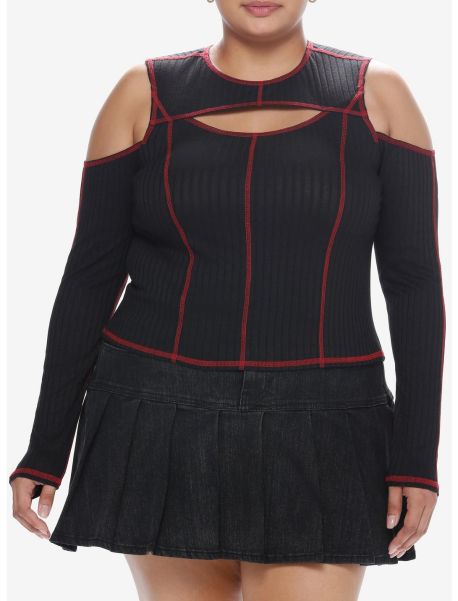 Girls Social Collision Black & Red Contrast Stitch Cold Shoulder Girls Long-Sleeve Top Plus Size Crop Tops