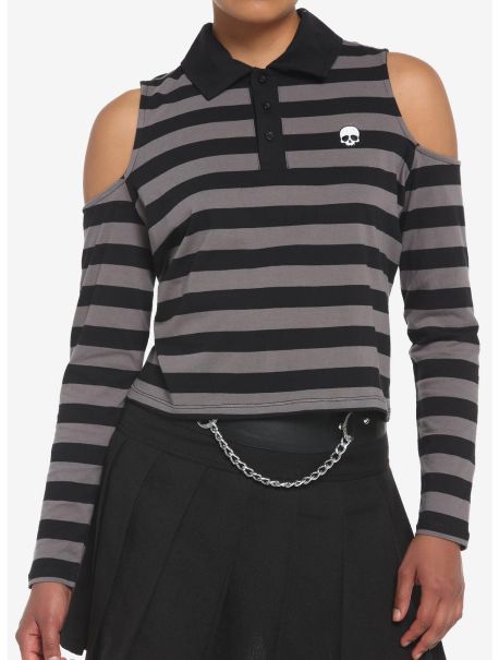 Girls Black & Grey Stripe Cold Shoulder Girls Long-Sleeve Polo Shirt Crop Tops
