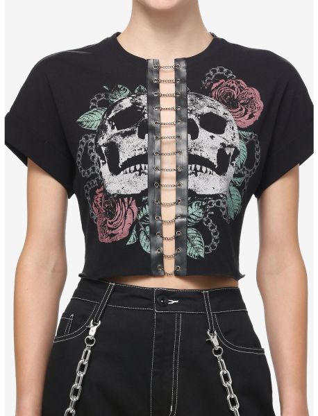Crop Tops Girls Social Collision Skull Rose Chain Girls Crop T-Shirt