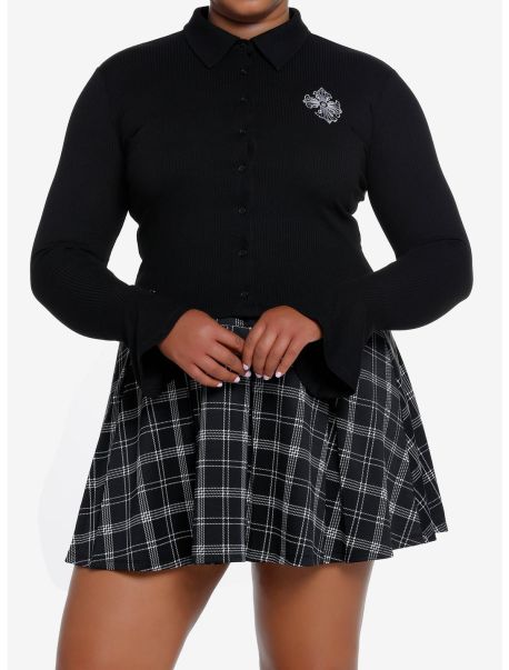 Girls Crop Tops Cosmic Aura Gothic Cross Bell-Sleeve Girls Button-Up Top Plus Size