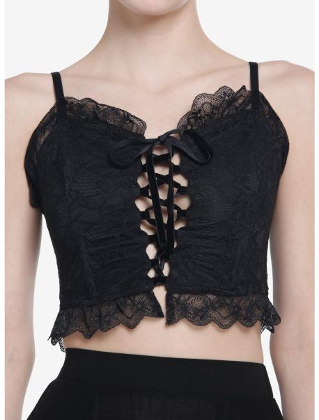 Girls Crop Tops Thorn & Fable Black Lace Corset Girls Crop Cami