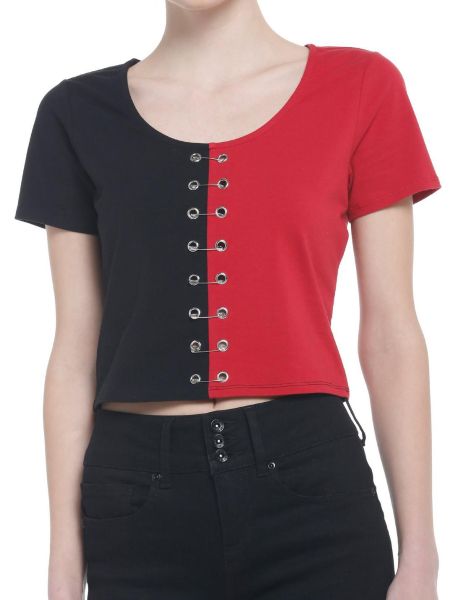 Red & Black Safety Pin Split Girls Crop T-Shirt Crop Tops Girls