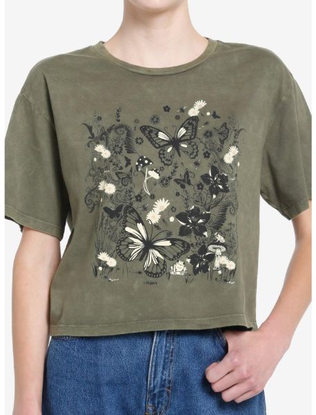 Thorn & Fable Butterfly Forest Green Wash Girls Crop T-Shirt Girls Crop Tops