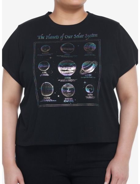 Crop Tops Girls Cosmic Aura Solar System Planets Metallic Print Girls Crop T-Shirt Plus Size