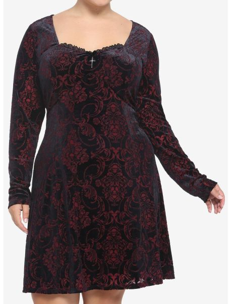 Dresses Girls Velvet Damask Long-Sleeve Dress Plus Size