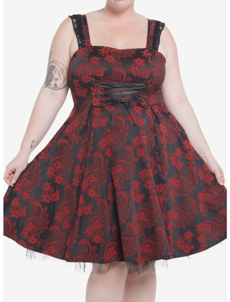Black & Red Brocade Lace Trim Dress Plus Size Girls Dresses