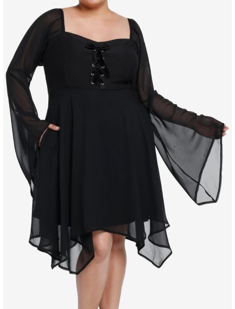 Girls Dresses Cosmic Aura Black Lace-Up Bell Sleeve Dress Plus Size
