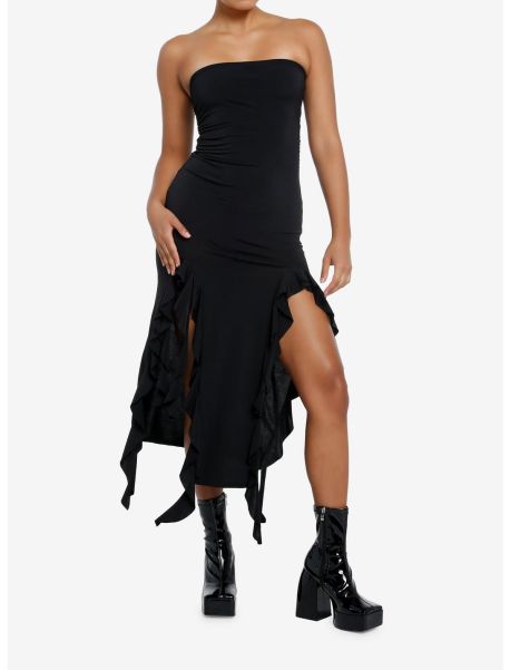 Girls Black Ruffle Slit Strapless Maxi Dress Dresses