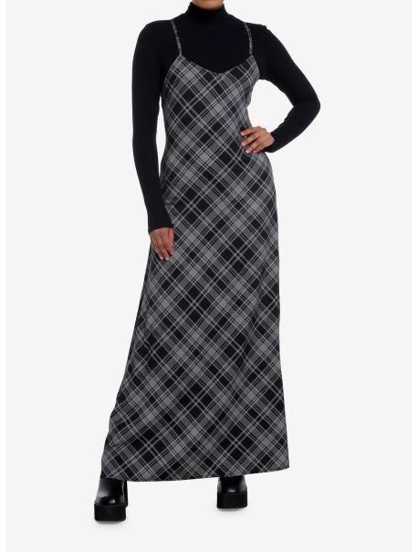 Social Collision Black & Grey Plaid Twofer Long-Sleeve Maxi Dress Girls Dresses