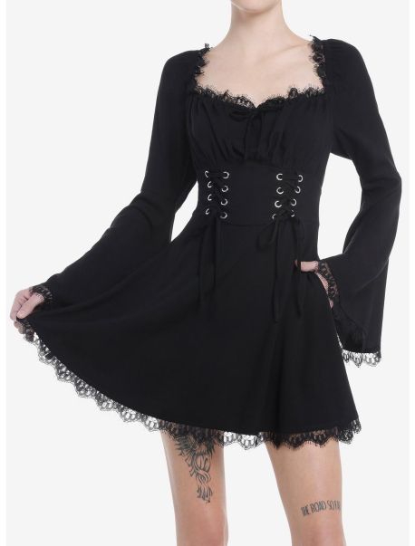 Girls Dresses Cosmic Aura Black Lace-Up Bell Sleeve Dress