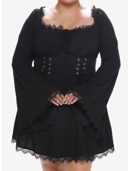 Cosmic Aura Black Lace-Up Bell Sleeve Dress Plus Size Girls Dresses