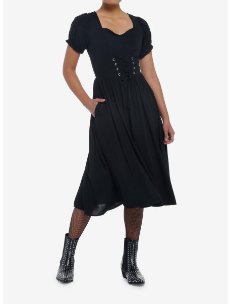 Black Puff Sleeve Corset Midi Dress Girls Dresses