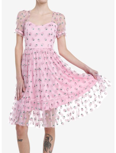 Sweet Society Pink Strawberries Mesh Puff Sleeve Dress Girls Dresses