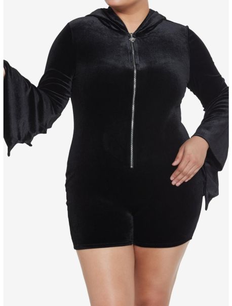 Girls Cosmic Aura Black Spiderweb Bell-Sleeve Velvet Romper Plus Size Dresses