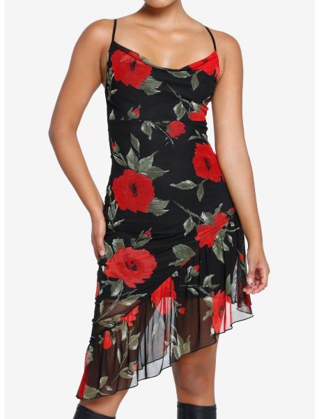 Girls Red Rose Asymmetrical Slip Dress Dresses