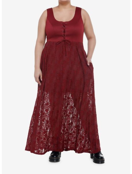 Dresses Girls Burgundy Skulls Lace-Up Maxi Dress Plus Size