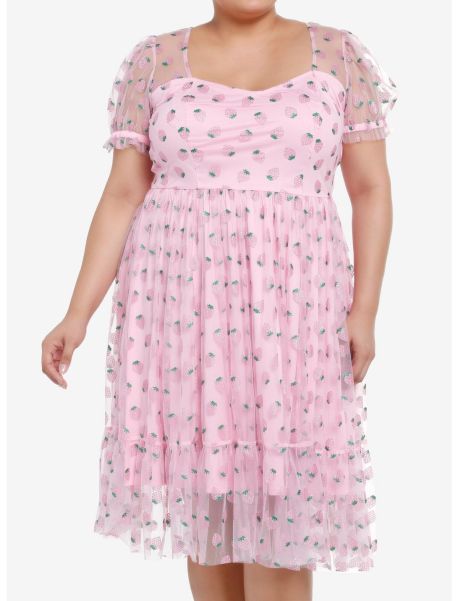 Sweet Society Pink Strawberries Mesh Puff Sleeve Dress Plus Size Dresses Girls