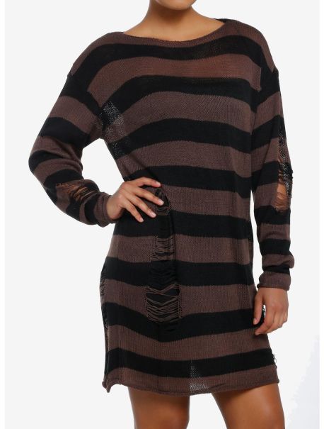 Girls Dresses Social Collision Black & Brown Stripe Destructed Sweater Dress
