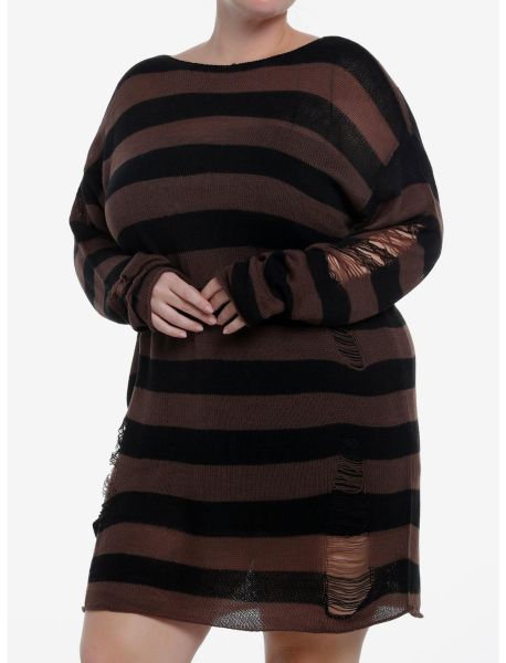 Social Collision Black & Brown Stripe Destructed Sweater Dress Plus Size Dresses Girls