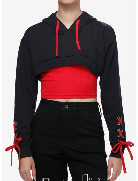 Girls Social Collision Red Lace-Up Girls Crop Hooded Shrug Hoodies
