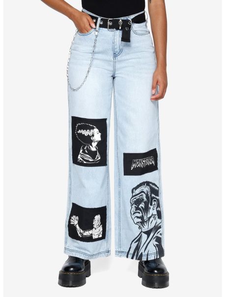 Girls Universal Monsters Patch Chain Wide Leg Denim Pants With Belt Jeans