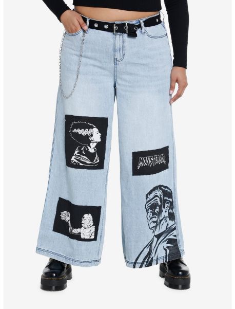 Girls Universal Monsters Patch Chain Wide Leg Denim Pants With Belt Plus Size Jeans