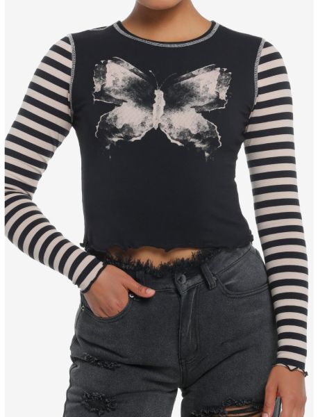 Girls Long Sleeves Social Collision Black & Beige Butterfly Stripe Girls Long-Sleeve Top