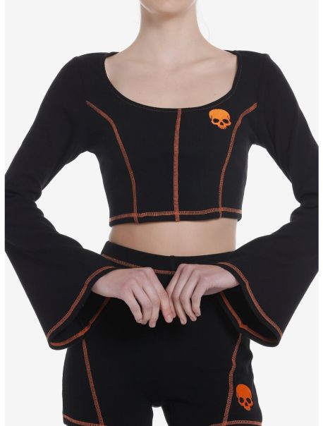 Long Sleeves Social Collision Black & Orange Stitch Skull Bell Sleeve Girls Top Girls