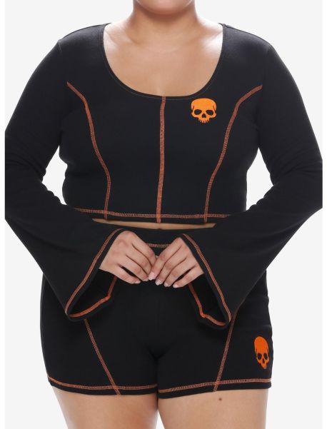 Girls Social Collision Black & Orange Stitch Skull Bell Sleeve Girls Top Plus Size Long Sleeves