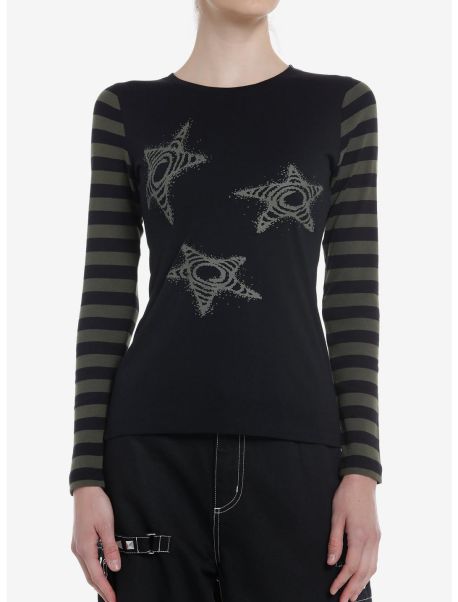 Black & Olive Stripe Star Girls Long-Sleeve Top Girls Long Sleeves