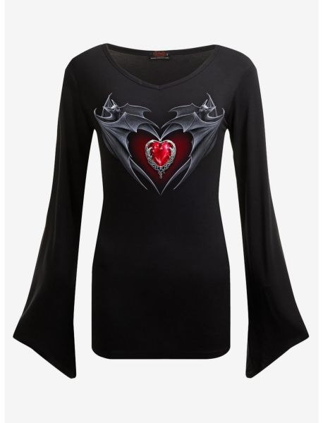 Long Sleeves Bat's Heart V Neck Goth Long Sleeve Top Black Girls