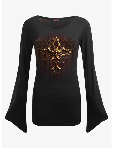 Long Sleeves Girls Dripping Gold V Neck Goth Long-Sleeve Top