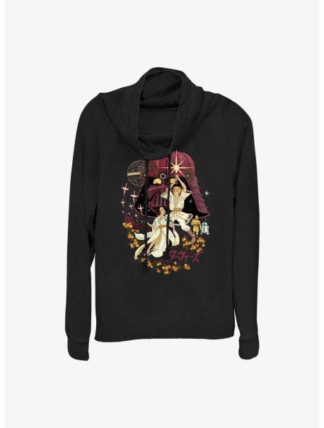 Girls Long Sleeves Star Wars Japanese Painting Style Luke And Leia Cowl Neck Long-Sleeve Top
