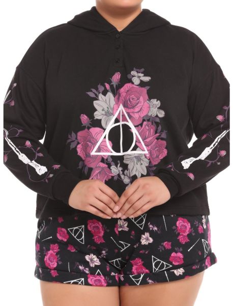 Harry Potter Deathly Hallows Floral Girls Crop Hoodie Plus Size Girls Loungewear