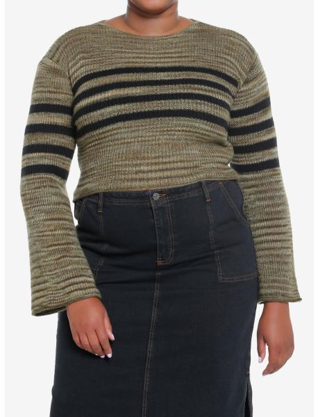 Social Collision Green & Black Stripe Bell Sleeve Sweater Plus Size Girls Sweaters