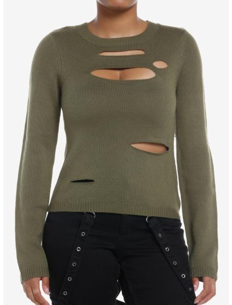 Social Collision Olive Distressed Cutout Girls Sweater Sweaters Girls