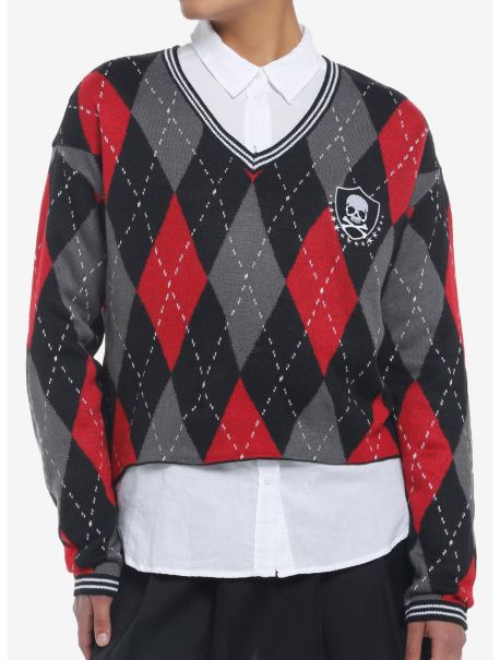 Girls Skull Crest Argyle V-Neck Girls Sweater Sweaters