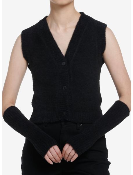 Cosmic Aura Black Fuzzy Girls Vest With Arm Warmers Girls Sweaters