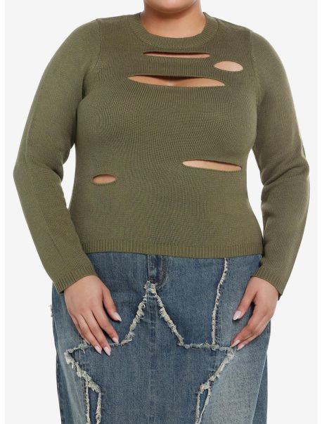 Sweaters Girls Social Collision Olive Distressed Cutout Girls Sweater Plus Size