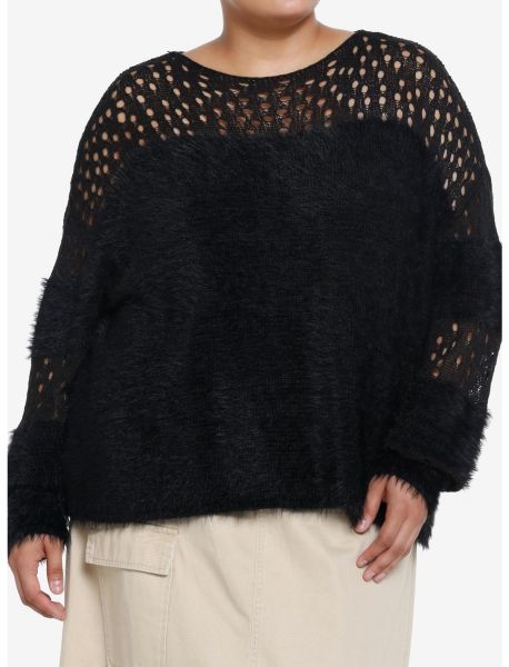 Girls Social Collision Fuzzy Black Striped Fishnet Girls Knit Sweater Plus Size Sweaters