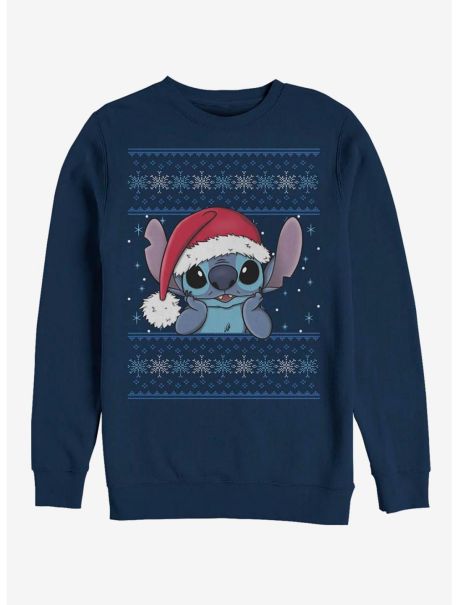 Girls Disney Lilo & Stitch Holiday Stitch Wearing Santa Hat Crew Sweatshirt Sweaters