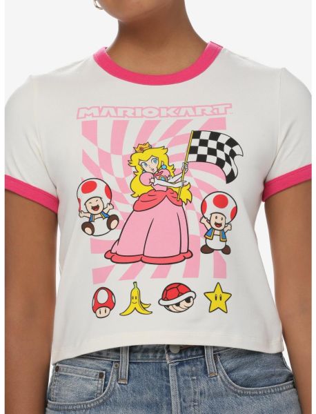 Tees Girls Mario Kart Princess Peach Girls Crop Ringer T-Shirt