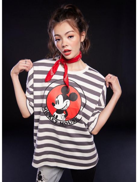 Disney Mickey Mouse Stripe Girls Oversized Drop Shoulder Top Girls Tees
