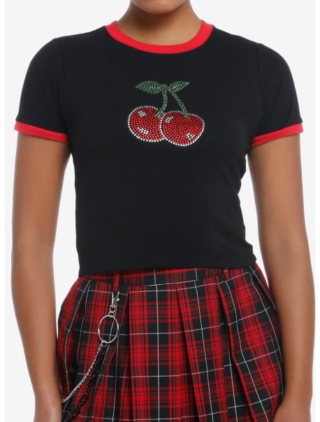 Tops Social Collision Rhinestone Cherries Girls Crop Ringer T-Shirt Girls