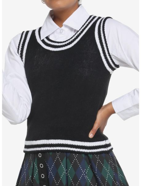 Black & White Twofer Girls Sweater Vest & Long-Sleeve Button-Up Girls Tops