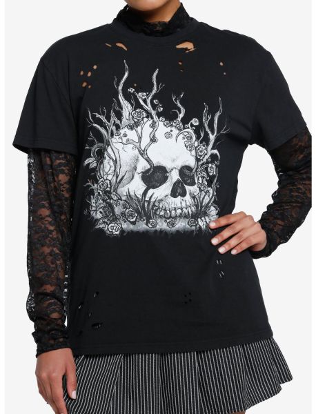 Tops Skull Roots Lace Girls Long-Sleeve Twofer T-Shirt By Ghoulish Bunny Studios Girls