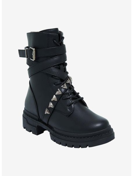 Shoes Girls Yoki Black Stud Strappy Combat Boots