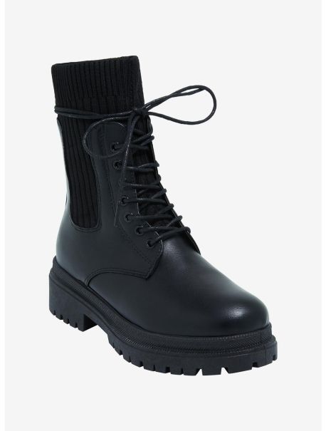 Yoki Black Knit Combat Boots Girls Shoes