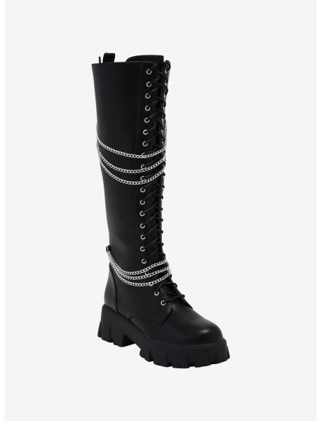 Black Chains Platform Knee-High Boots Girls Shoes