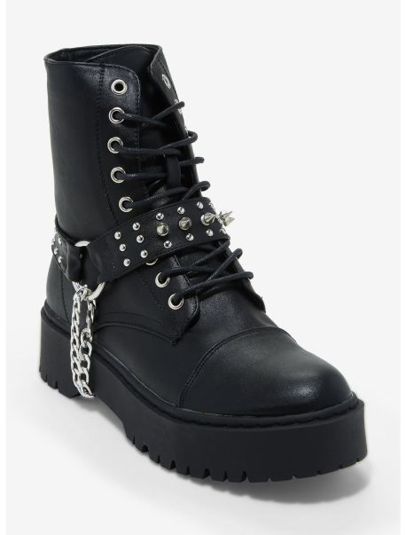 Shoes Girls Black Spike & Chain Combat Boots